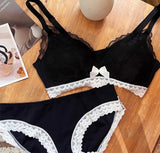 Wireless French Bralette for Small Chest, No Adjustable Push Up Lace Bra Set, Comfort Sexy Non Padded Lingerie for Women MOYISU