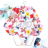 One Piece Swimsuit Sexy Long Sleeve Tropical Print Swimwear Women Bandage Monokini Hollow Out Bathing Suit String Beachwear 2023
