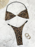 New 2026 Women's Leopard Patchwork Swimsuit Sexy Backless Neck Hanging Micro Bikini Set Low Waist Bathing Suit Beachwear Biquini