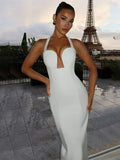 FDYOUI Elegant Chic Halter Hollow Out Bodycon Evening Dress for Women 2026 Summer Backless Sleeveless Long Wedding Party Dresses
