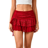 2026 Summer Women Mini Skirt Lace Floral Tiered Ruffle Low Waist Side Drawstring Going Out Cake Skirts