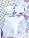 Wrap Around with Mesh Sarong Skirt Bikini Female Swimsuit Women Swimwear Three-pieces Bikini Set Beachwear Bathing Suit Swim