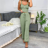 Women Ribbed Pajama Set Lace Trim Camisole Top & Drawstring Pants Sexy Sleepwear Autumn Soft Lounge Homewear