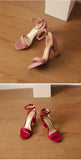 Beige Suede Ankle Strap Block Heel Sandals for Women, Round Open Toe with Rhinestone Accent, Multiple Colors Available