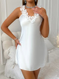 Summer Contrast Sensual Ice Silk Satin Nightdress for Women Deep V Backless Split Slip Nightgown Sleep Dress Pajamas