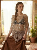 2026 New Women's Tassel Knit Cover-ups Tops Sparkly Sequin Hollow Out Crochet Shrug Shawl Poncho Loose Fit Casual Beach Wear