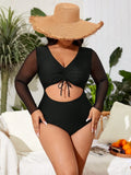 VigoJany 2026 Sexy Black Long Sleeve Plus Size Swimwear Women Hollow Push Up One Piece Swimsuit Patchwork Backless Bathing Suit
