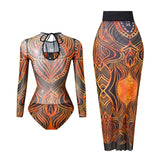 S - XXL Printed Long Sleeve With Sarong One Piece Swimsuit Women Swimwear Female Flowers Padded Bather Bathing Suit Swim K7181