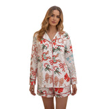 Women's 2025 Satin Christmas Pajama Set Long Sleeve Lapel Bow Print Shirt Wide Leg Shorts Loose Two Pieces Sleepwear