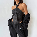 Retro Black Striped Tank Top Women Chic Summer Tie Sleeveless Slim Fit Fishbone Corset Y2K Hot Girl Club Party Tube Tops
