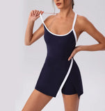 Color Contrast Tennis Dresses Women Beautiful Back Hollow Back Cross Split Skirt Pocket Sports Fitness One-piece Yoga Golf Suit