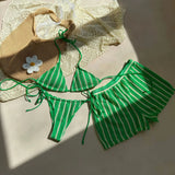 3PCS With Shorts Stripe Halter Fishnet Bikini Women Swimwear Female Swimsuit Three-pieces Bikini Set Bathing Suit Swim Beachwear