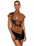 Women's Cheongsam Tops Mock Neck Short Sleeve Lace Patchwork  Blouse Chinese Style Keyhole Summer Shirts