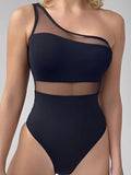 2026 Mesh Swimsuit One Piece Shoulder Sexy Solid Swimwear Women Black Bathers Bathing Swimming Swim Suit Beachwear Summer XXL