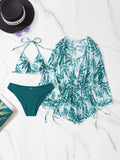 3 Pieces Bikini Tropical Print Swimsuit Halter Drawstring Side Swimwear Women 2026 Bathing Suit Female Swimming Summer Beachwear