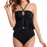 2026 Black Ruffle Bikinis Halter Solid Swimsuit Women High Waist Swimwear Female Hollow Bathing Swimming Swim Suit Beachwear XL