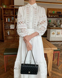2026 French Retro Heavy Shirt Skirt Hollow Lace Balloon Sleeve Shirt + High Waist Belted Skirt Fashion Suit for Women