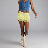 Women Summer Solid Color Mini Skirts Casual Elegant  Low Rise Layered Ruffle Lace Skirt for Beach Vacation Club