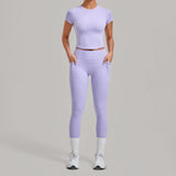 Women Tracksuit Yoga Sets Short Sleeve Slim Sports T Shirts Workout Clothes Outdoor Tight High Waist Pocket Pants Fitness Suits