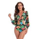 One Piece Swimsuit Sexy Long Sleeve Tropical Print Swimwear Women Bandage Monokini Hollow Out Bathing Suit String Beachwear 2023