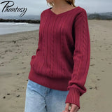 Phantasy Retro Solid Color Sweater Winter Women's V-Neck Casual Simple Loose Knit Sweater Trendy Spring Autumn Winter Sweater