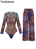 XS - XXL Printed Long Sleeve With Pants Women Swimwear One Piece Swimsuit Female Zipper Padded Bather Bathing Suit Swim V7094