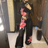 S - XL New Flower Printed Floral Long Sleeve With Pants One Piece Swimsuit Women Swimwear Female Bather Bathing Suit Swim V7099