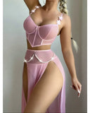 Women Sexy Lingerie Dress for Bow Knot Patchwork Mesh See-through Bra and Skirt Panties Set Underwear Erotic Lingerie