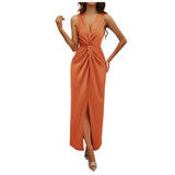Evening Party Dress For Womens Summer Elegant Formal Dresses Sexy Sleeveless Deep V Neck Pleated Long Vestidos With High Split