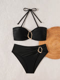 S - XL Metal Rings Halter Female Swimsuit High Waist Bikini Women Swimwear Two-pieces Bikini set Bather Bathing Suit Swim Lady