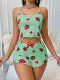Summer Strawberry Print 2PCS Pajama Set Women's Casual Sleepwear Suspender Crop Tops and Shorts Comfortable Home Wear