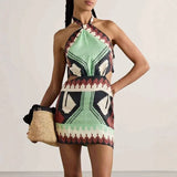 Bohemian Print Halter Neck Mini Dresses Women Sexy Backless Leace-up Beach Vacation Dress Fashion Beachwear Vestidos Summer New