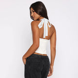 FDYOUI Sexy Hollow Out Corset Tops for Women Halter Backless Bandage Skinny Camisoles Lady White Black Cropped T-shirt Clubwear