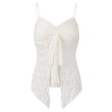 Women’s Spaghetti Strap Tank Tops Summer Sleeveless Tie Split Front Lace Sheer Vest Retro Sexy Corset Streetwear