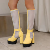 Plus Size Mesh Fabric Splicing PU High Socks Boots Ankle Buckle Ultra Thick Heel Back Zipper Breathable Summer Knee High Boots