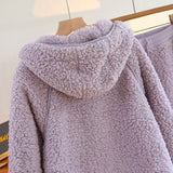 Korean New Women Warm Coral Fleece Pajamas Set Autumn Winter Sleepwear 2 Pieces Home Suit Casual Hooded Pajamas Night Wear