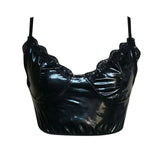 Womens Black Faux Leather Lace Trim Cami Tops Spaghetti Strap V Neck Bustier Crop Top Shiny Wet Look Camisole Sexy Nightclub Top