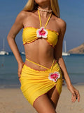 with Mesh Skirt 3D Flowers Halter Bandeau Bikini Female Swimsuit Women Swimwear Three-pieces Bikini Set Bathing Suit Beachwear