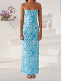 Women Summer Glitter Sequin Beaded Flower Cami Dress Slim High Split Spaghetti Strap Open Back Long Dresses for Party Club