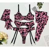 Toucheart Erotic Lingerie Leopard Print 5-piece Set with Gloves and Stockings Tie-dye Printed Sexy Hot Lingerie Suit for Women