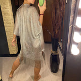 Sexy Fringe Tassel Mesh Sheer Shiny Knitted Tunic Beach Cover Up Cover-ups Beach Dress Beach Wear Beachwear Female Women V3321