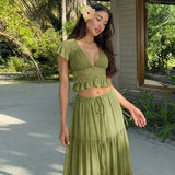 FDYOUI Sexy V-neck Lace Patchwork T-shirt Tops+Long Skirt 2 Piece Set Women's Summer Green Holiday Party Dress Suit Streetwear
