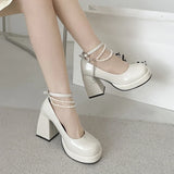 10cm Super High Heels Mary Jane Shoes Women Fashion Patent Leather Platform Pumps Woman Pearls Chain Ankle Strap Party Shoes
