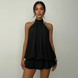 Women's Summer Solid Color Halter Neck Mini Dress Sleeveless Open Back Drop Waist Ruffle Beach Clubbing Dresses
