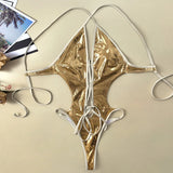 Women glitter gold metallic front bandage swimsuit one piece hollow backless bikini Swimwear bathing suit beach outfits bodysuit
