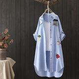 Women Mid Length Shirt Cartoon Embroidery Loose Irregular Hem Turn-down Collar Single-breasted Sun Protection Long Sleeves Top