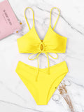 New Women's Swimsuit High Waist Two Piece Bikini Set Hollow Out V-neck Bandage Cross Backless Beach Swimwear Summer Bathing Suit