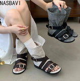 Women's French Roman Style Belt Buckle High Top Sandals Summer New Retro Motorcycle Gladiator Ankle Sandals Boots New Summer