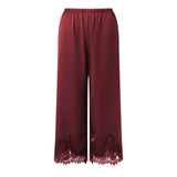 Women's Satin Lace Hem Capris Elastic Waist Loose Fit Wide Leg Pants Solid Color Lounge Street Casual Cropped Pants Summer