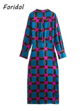 Foridol Side Split Women Fashion Geometric Print Blue New In Shirt Wrap Dress Women Long Sleeve Bowknot Maxi Long Vestido Robe